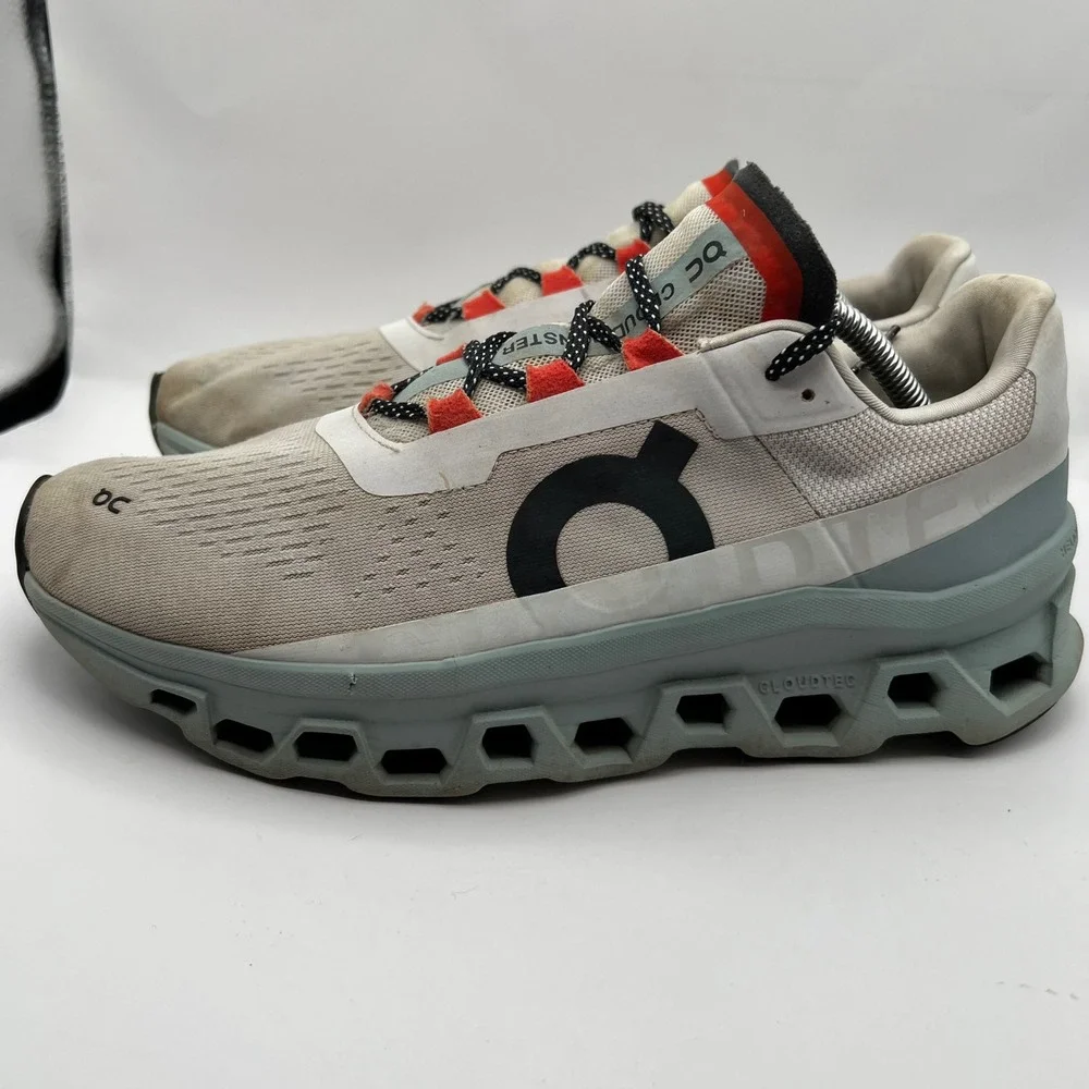 On Cloudmonster Mens Running Shoes Frost Surf Grey Orange sneakers Size 11.5